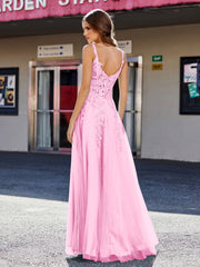 Robe de Soirée de A-ligne en Tulle à Col Carré Longueur au Sol Rose Bonbon