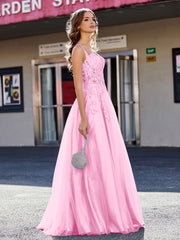Robe de Soirée de A-ligne en Tulle à Col Carré Longueur au Sol Rose Bonbon