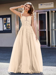 Robe de Soirée de A-ligne en Tulle à Col Carré Longueur au Sol Champagne Grande Taille
