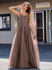 Robe de Soirée de A-ligne en Tulle à Col Carré Longueur au Sol Chocolat Grande Taille