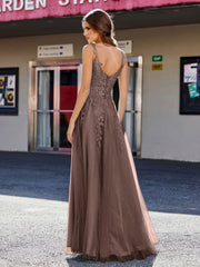 Robe de Soirée de A-ligne en Tulle à Col Carré Longueur au Sol Chocolat