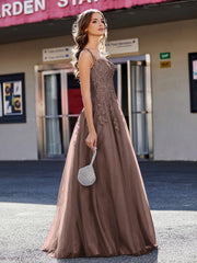 Robe de Soirée de A-ligne en Tulle à Col Carré Longueur au Sol Chocolat Grande Taille