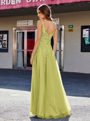 Robe de Soirée de A-ligne en Tulle à Col Carré Longueur au Sol Trèfle