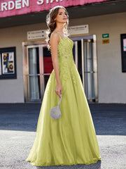 Robe de Soirée de A-ligne en Tulle à Col Carré Longueur au Sol Trèfle