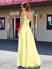 Robe de Soirée de A-ligne en Tulle à Col Carré Longueur au Sol Jonquille Grande Taille