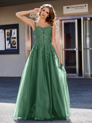 Robe de Soirée de A-ligne en Tulle à Col Carré Longueur au Sol Vert Foncé Grande Taille