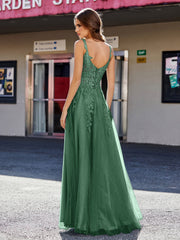 Robe de Soirée de A-ligne en Tulle à Col Carré Longueur au Sol Vert Foncé