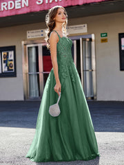 Robe de Soirée de A-ligne en Tulle à Col Carré Longueur au Sol Vert Foncé Grande Taille