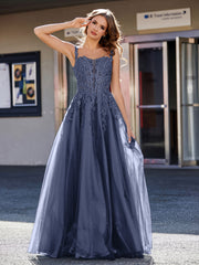 Robe de Soirée de A-ligne en Tulle à Col Carré Longueur au Sol Bleu Marine