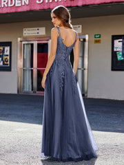 Robe de Soirée de A-ligne en Tulle à Col Carré Longueur au Sol Bleu Marine Grande Taille