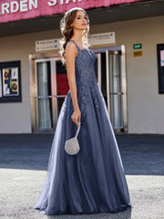 Robe de Soirée de A-ligne en Tulle à Col Carré Longueur au Sol Bleu Marine Grande Taille