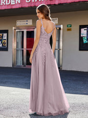 Robe de Soirée de A-ligne en Tulle à Col Carré Longueur au Sol Crépuscule