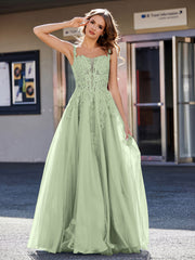 Robe de Soirée de A-ligne en Tulle à Col Carré Longueur au Sol Sauge Poudrée Grande Taille