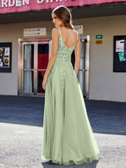 Robe de Soirée de A-ligne en Tulle à Col Carré Longueur au Sol Sauge Poudrée