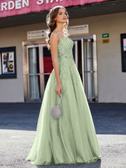 Robe de Soirée de A-ligne en Tulle à Col Carré Longueur au Sol Sauge Poudrée Grande Taille