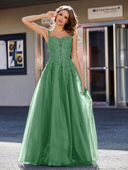 Robe de Soirée de A-ligne en Tulle à Col Carré Longueur au Sol Emeraude Grande Taille