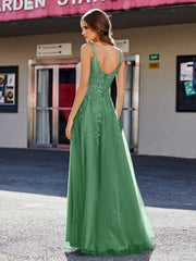 Robe de Soirée de A-ligne en Tulle à Col Carré Longueur au Sol Emeraude