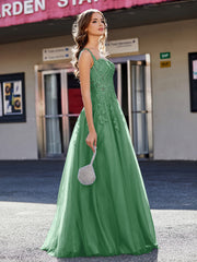 Robe de Soirée de A-ligne en Tulle à Col Carré Longueur au Sol Emeraude