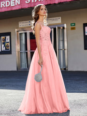 Robe de Soirée de A-ligne en Tulle à Col Carré Longueur au Sol Flamant