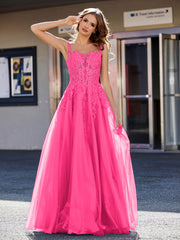 Robe de Soirée de A-ligne en Tulle à Col Carré Longueur au Sol Fuchsia