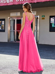 Robe de Soirée de A-ligne en Tulle à Col Carré Longueur au Sol Fuchsia