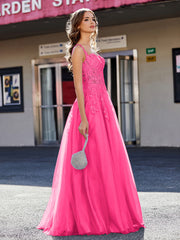 Robe de Soirée de A-ligne en Tulle à Col Carré Longueur au Sol Fuchsia