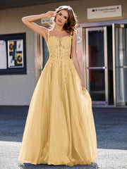 Robe de Soirée de A-ligne en Tulle à Col Carré Longueur au Sol Or Grande Taille