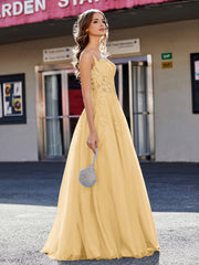 Robe de Soirée de A-ligne en Tulle à Col Carré Longueur au Sol Or Grande Taille