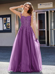 Robe de Soirée de A-ligne en Tulle à Col Carré Longueur au Sol Raisin Grande Taille