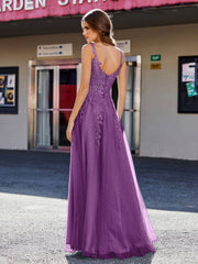 Robe de Soirée de A-ligne en Tulle à Col Carré Longueur au Sol Raisin Grande Taille