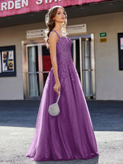 Robe de Soirée de A-ligne en Tulle à Col Carré Longueur au Sol Raisin Grande Taille