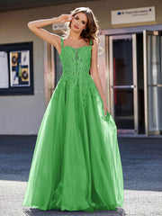 Robe de Soirée de A-ligne en Tulle à Col Carré Longueur au Sol Vert Grande Taille