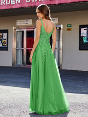 Robe de Soirée de A-ligne en Tulle à Col Carré Longueur au Sol Vert Grande Taille