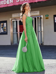 Robe de Soirée de A-ligne en Tulle à Col Carré Longueur au Sol Vert Grande Taille