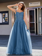 Robe de Soirée de A-ligne en Tulle à Col Carré Longueur au Sol Bleu Encre Grande Taille