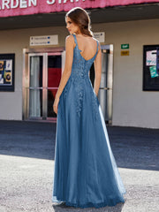 Robe de Soirée de A-ligne en Tulle à Col Carré Longueur au Sol Bleu Encre