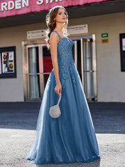 Robe de Soirée de A-ligne en Tulle à Col Carré Longueur au Sol Bleu Encre