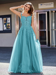 Robe de Soirée de A-ligne en Tulle à Col Carré Longueur au Sol Jade Grande Taille