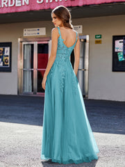 Robe de Soirée de A-ligne en Tulle à Col Carré Longueur au Sol Jade Grande Taille