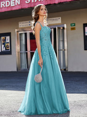 Robe de Soirée de A-ligne en Tulle à Col Carré Longueur au Sol Jade Grande Taille
