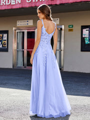 Robe de Soirée de A-ligne en Tulle à Col Carré Longueur au Sol Lavande Grande Taille