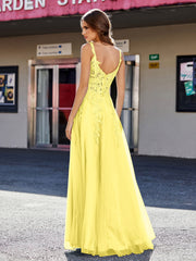 Robe de Soirée de A-ligne en Tulle à Col Carré Longueur au Sol Citron Grande Taille