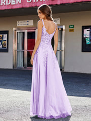 Robe de Soirée de A-ligne en Tulle à Col Carré Longueur au Sol Lilas Grande Taille