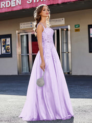 Robe de Soirée de A-ligne en Tulle à Col Carré Longueur au Sol Lilas Grande Taille