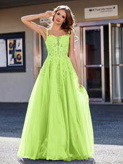 Robe de Soirée de A-ligne en Tulle à Col Carré Longueur au Sol Vert Citron Grande Taille