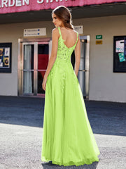 Robe de Soirée de A-ligne en Tulle à Col Carré Longueur au Sol Vert Citron