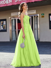 Robe de Soirée de A-ligne en Tulle à Col Carré Longueur au Sol Vert Citron Grande Taille