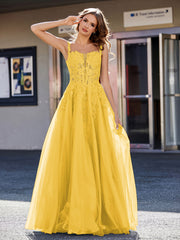 Robe de Soirée de A-ligne en Tulle à Col Carré Longueur au Sol Souci Grande Taille
