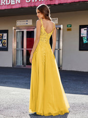 Robe de Soirée de A-ligne en Tulle à Col Carré Longueur au Sol Souci Grande Taille