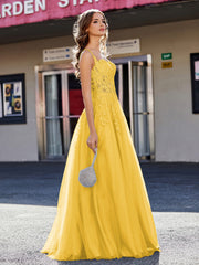 Robe de Soirée de A-ligne en Tulle à Col Carré Longueur au Sol Souci Grande Taille